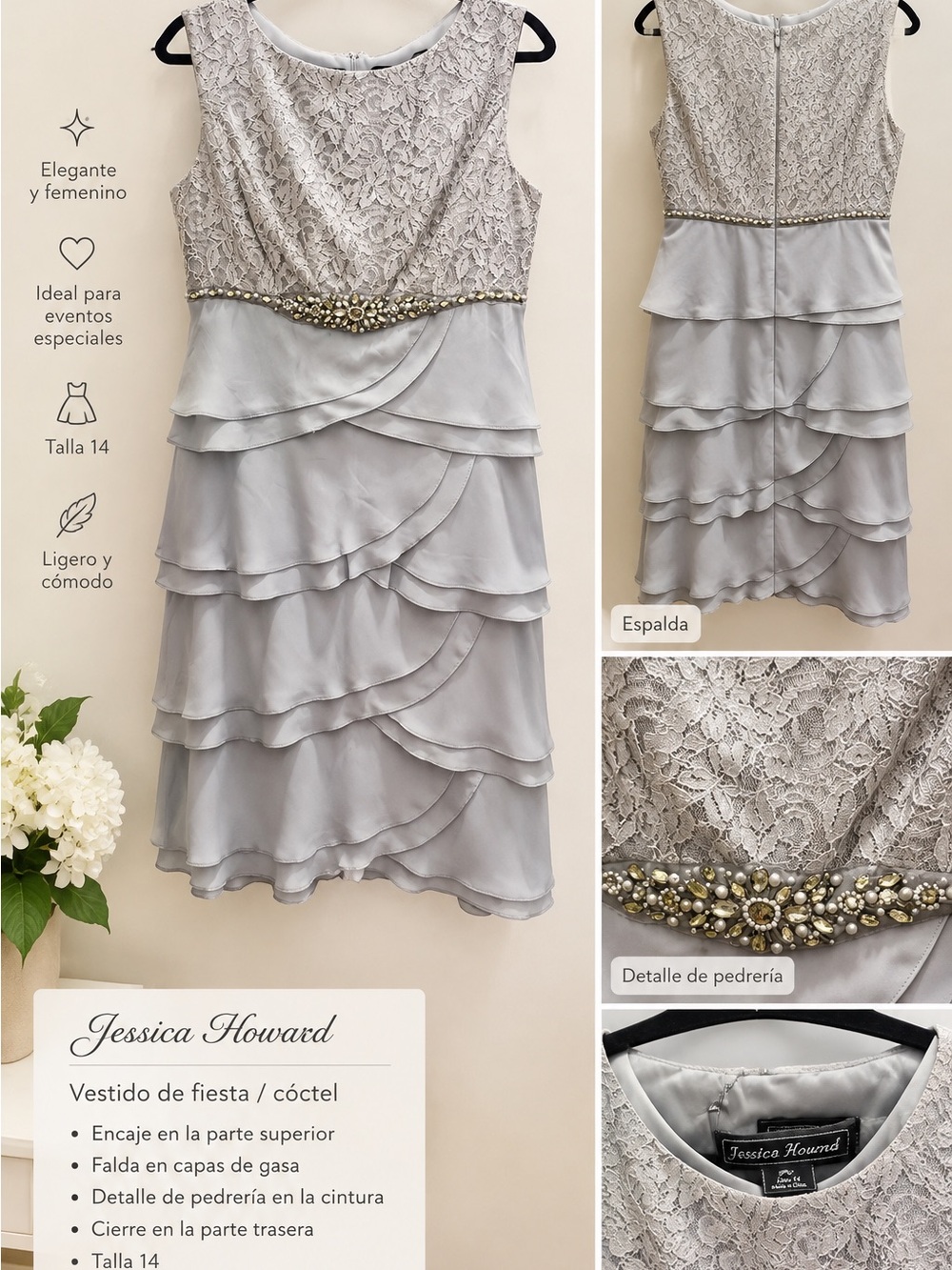 Jessica Howard Silver Lace Beaded Waist Tiered Chiffon Midi Dress
